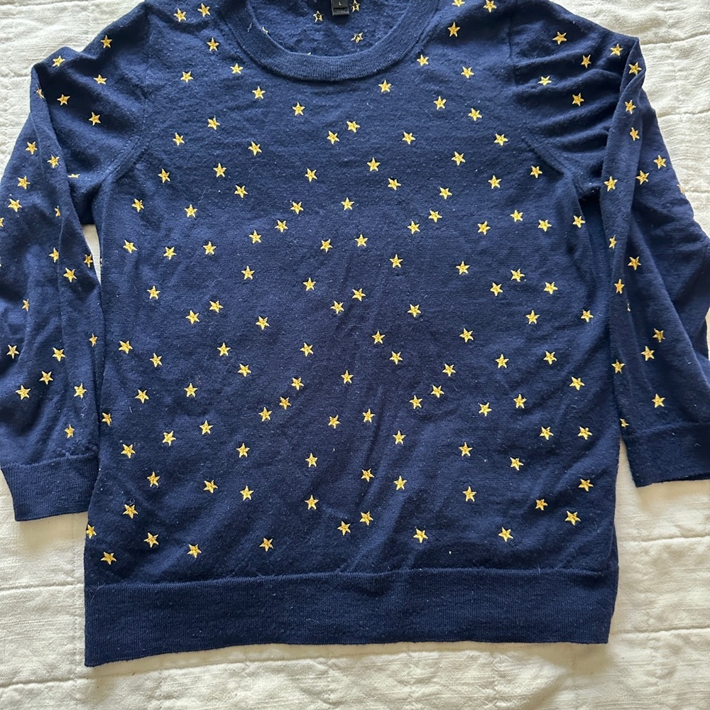 J. Crew Dark Blue Sweater with Gold Star Accents